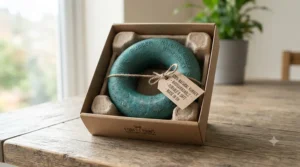 Natural rubber eco dog toy presented in plastic-free, recyclable cardboard packaging.