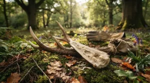 Naturally shed deer antler in a forest setting, representing sustainable sourcing.