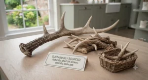 A graphic representing naturally shed, sustainably sourced antlers, highlighting an ethical choice for UK dog owners.