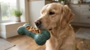 Interactive natural rubber eco dog toy filled with dog treats for boredom relief.