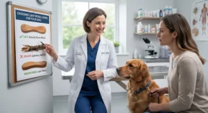 A veterinary surgeon discussing the benefits and safety of natural wood chews with a dog owner.
