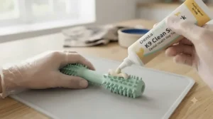 Squeezing poultry-flavoured dog toothpaste into the toothpaste reservoir of a green rubber dental toy.