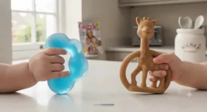 Side-by-side comparison of a baby grip test between a lightweight rubber ring and a standard gel-filled freezable teether.