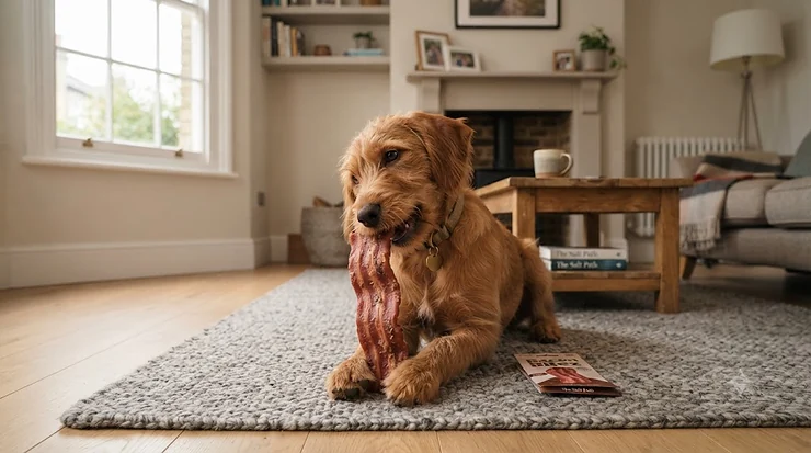 A golden retriever happily chewing on a durable bacon-flavoured dog chew toy on a living room rug, ideal for keeping British pets entertained. bacon flavoured dog chew toys