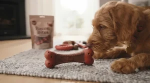 A textured nylon bacon-flavoured dog bone that helps reduce plaque and tartar build-up while dogs chew.