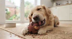 Textured beef-flavoured dental chew toy helping to reduce plaque and tartar buildup.