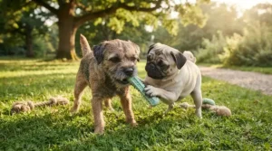 Cute Chihuahua and Pug playing safely with durable, small-breed dental toys outdoors in a park.