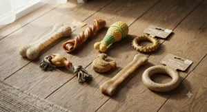 A flat-lay arrangement of various textured chicken-flavoured chew toys for dogs on a wooden floor.