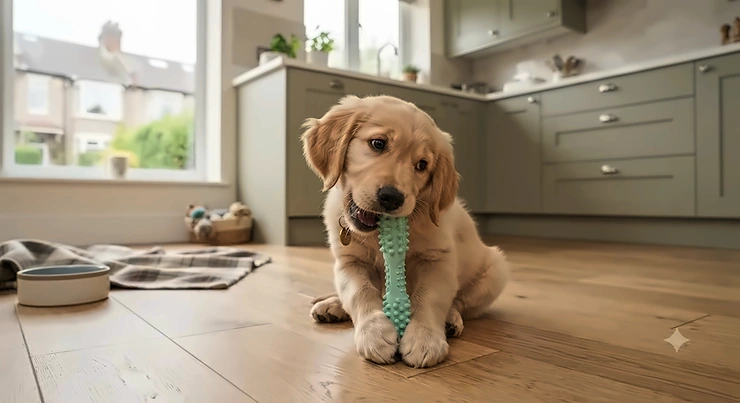 A playful puppy chewing on a safe rubber dental toy to clean its teeth, set in a modern UK home. dental chew toys for puppies