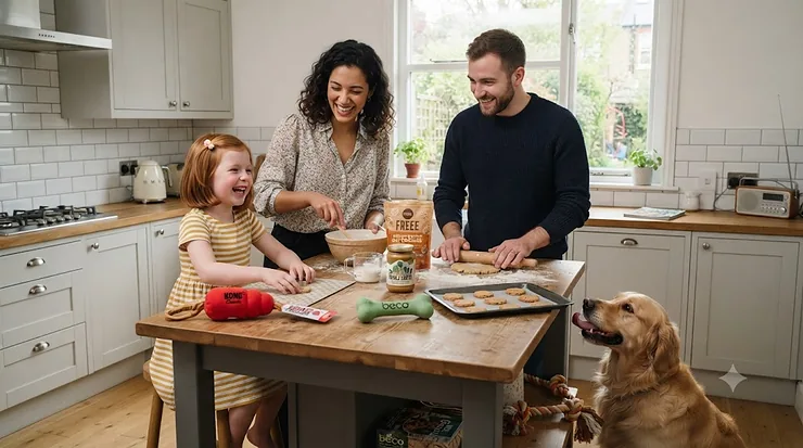 A young family with a daughter and their golden retriever in a modern British kitchen, all smiling while making peanut butter dog treats on a wooden island. peanut butter flavoured dog toys