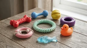 A detailed, high-resolution product photograph showing a selection of durable rubber teething rings, a red bone, a blue dumbbell, a purple tyre, and a fish-shaped teether arranged neatly on a rustic wooden plank surface.