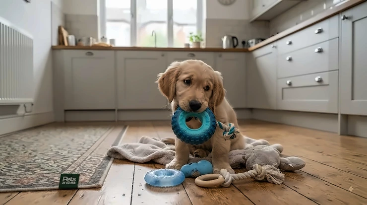 A selection of safe rubber and rope puppy teething toys arranged on a wooden floor, ideal for soothing sore gums in young dogs. puppy teething toys