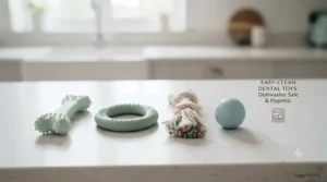 A precise, scaled-down arrangement of miniature soft chew toys on a clean light oak wood surface. The toys include a tiny version of the mint-green nylon bone, a miniature sage-green rubber ring, a tiny braided cotton rope, and a small soft fabric hedgehog toy, all scaled for a small breed mouth. Below, a clean, elegant label reads: "SMALL BREED PUPPY ESSENTIALS: Perfectly Scaled Soft Chew Toys", with a sub-line: "Suitable for Toy & Miniature Breeds (e.g., Chihuahuas, Cockapoos)". Natural window light illuminates the scene.
