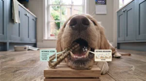 Veterinary illustration showing how textured chew toys and sticks help clean a dog's back teeth and gums.