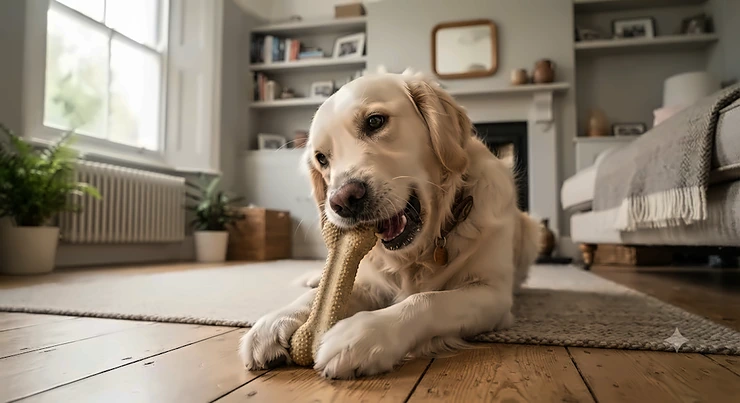 A golden retriever happily chewing on a durable chicken-flavoured dog chew toy on a living room rug. chicken flavoured chew toys for dogs