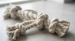 Woven cotton rope puppy chew toy helping to clean teeth and massage gums during play.