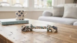 Mini braided cotton rope toy ideal for small breed puppies to chew and play gentle games of tug.