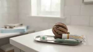 Grooming kit laid out featuring a small dog toothbrush, toothpaste, and a rubber dental chew toy.