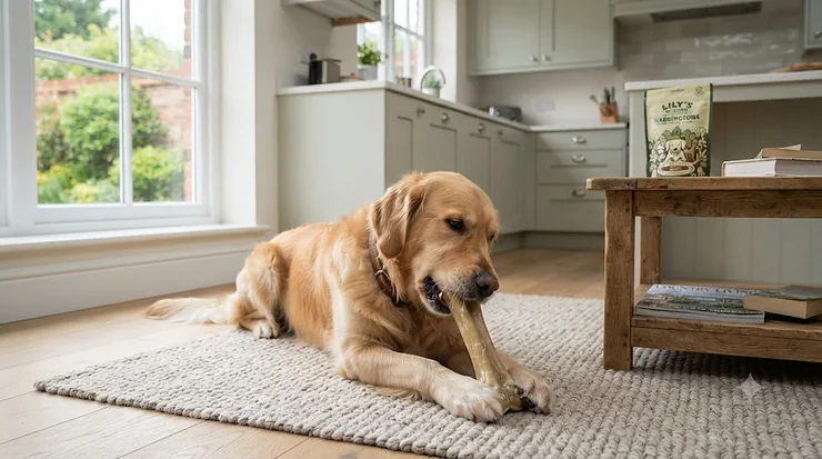 A large Golden Retriever chewing a dental bone on a living room rug, illustrating effective plaque and tartar control for big dogs. dental bones for large dogs