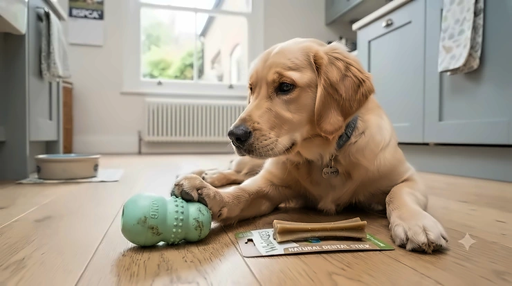 Side-by-side comparison of a rubber dental chew toy and a natural dog dental stick on a wooden floor, helping UK dog owners choose the best oral care product. dental chew toy vs dental stick for dogs