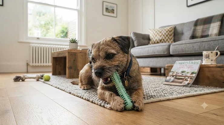 Small Jack Russell Terrier happily chewing on a natural dental toy in a modern British living room. dental chew toys for small dogs