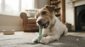 A happy Jack Russell terrier chewing on a rubber dental stick in a living room, scraping plaque from its teeth.