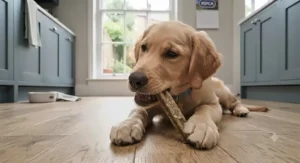 Golden Retriever chewing on a durable rubber dental toy designed to reduce plaque and tartar buildup.