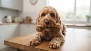 A golden-brown Cockapoo dog holding a textured, bone-shaped dental chew stick in its mouth, looking directly at the camera from a kitchen counter.