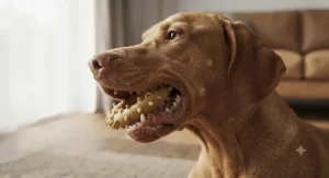 A dog biting into a textured chicken-flavoured chew toy to help clean its teeth and reduce tartar.