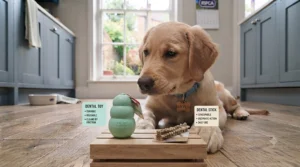 Infographic comparing the long-lasting durability of rubber dental chew toys against consumable dental sticks.