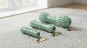 Small, medium, and large sizes of the dog dental chew toy lined up on a rug to help UK owners choose the right fit.