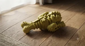 Close-up of a heavy-duty rubber chicken-flavoured dog chew toy designed for aggressive chewers.