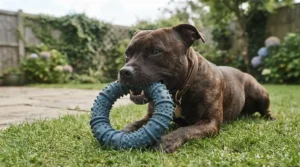 Strong dog happily playing with a puncture-resistant, durable nubby texture dog chew toy.