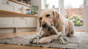 A golden retriever playing with a sturdy cotton rope dog teeth cleaning toy, designed to help floss teeth and remove plaque during play.