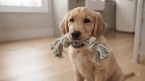 Durable cotton rope toy suitable for teething puppies to gnaw on, encouraging healthy dental development.