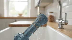 Easy-to-wash rubber nubby texture dog chew toy being rinsed clean under a kitchen tap.
