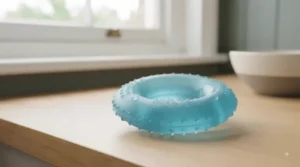 A washable rubber puppy chew toy under running tap water to demonstrate easy cleaning and hygiene maintenance.