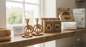 Selection of sustainable, biodegradable natural rubber teething rings available across the UK market.