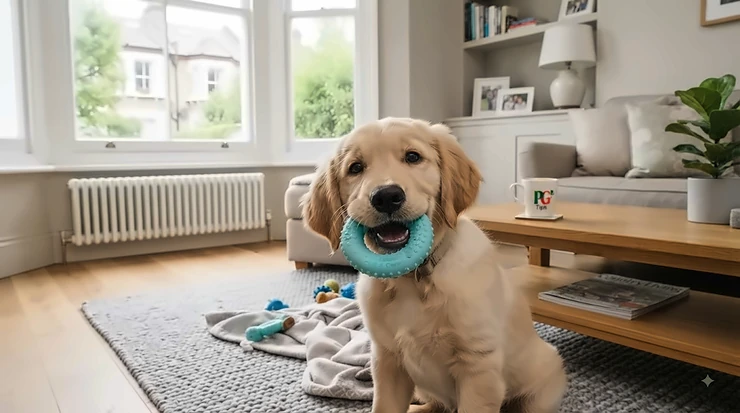 A colourful freezable teething toy being enjoyed by a golden retriever puppy in a British living room, helping to soothe sore gums. freezable teething toys for puppies