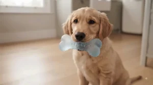 A frozen puppy teething toy being used to soothe a puppy's sore gums after being chilled in the freezer.