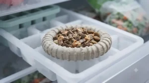 A hollow, beige natural rubber teething ring, packed with a frozen mixture of chicken pieces and peanut butter, is shown resting inside a clean, frost-dusted silicone ice cube tray within an open freezer drawer.