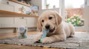 A cute puppy chewing on a soft, gentle dog teeth cleaning toy specifically crafted for a young dog’s sensitive gums and developing teeth.