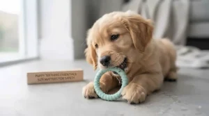 Golden Retriever puppy happily chewing on a durable teething toy indoors.