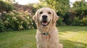 A healthy British dog smiling outdoors, representing the benefits of a good canine dental care routine.