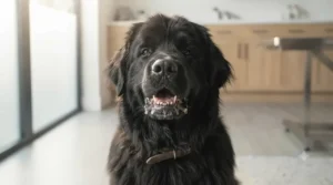 A smiling Newfoundland dog showing healthy gums and clean teeth after finishing a dental bone.