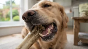 Diagram showing the abrasive texture of a natural dental bone cleaning a large dog's back molars.