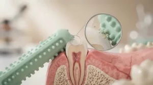Close-up diagram illustrating textured ridges on a rubber chew toy cleaning a small dog's teeth.