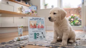 A puppy sitting beside a clear, professional display board illustrating the science behind dog teeth cleaning toys and their effectiveness in reducing plaque over time.