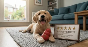 Five-star rating graphic alongside a happy puppy chewing its favourite KONG toy.