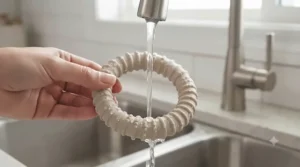 A hand holds the beige natural rubber teething ring directly under a stream of clear, running water from a stainless steel kitchen tap, demonstrating easy cleaning.